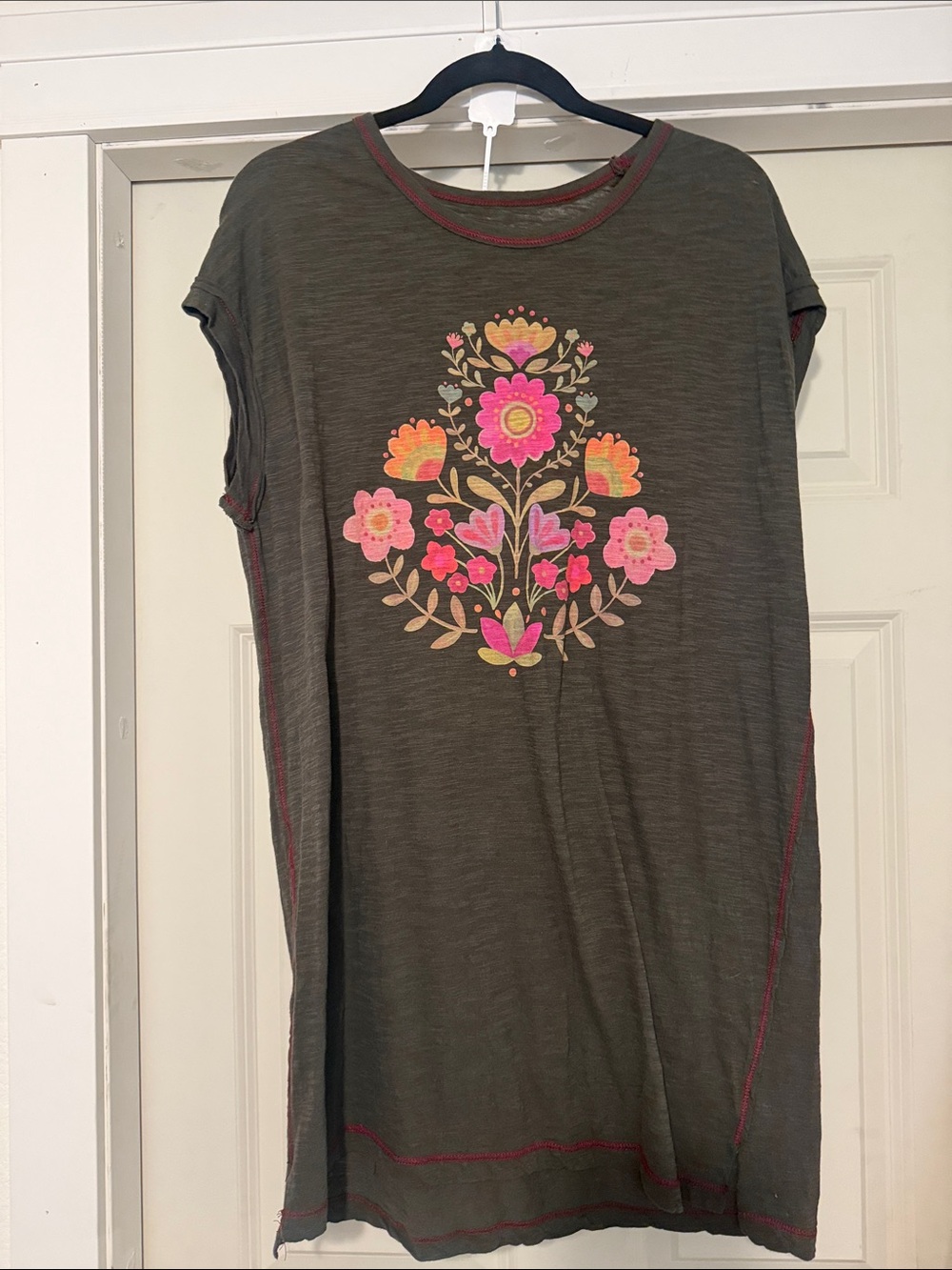NATURAL LIFE Olive Green Tunic with Pink & Orange Floral Motif